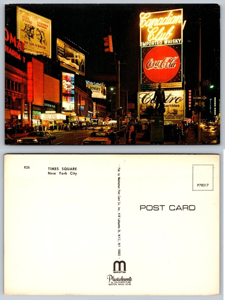 Vintage Times Square NYC Night Postcard - Lion in Winter, Coca-Cola, 1960s