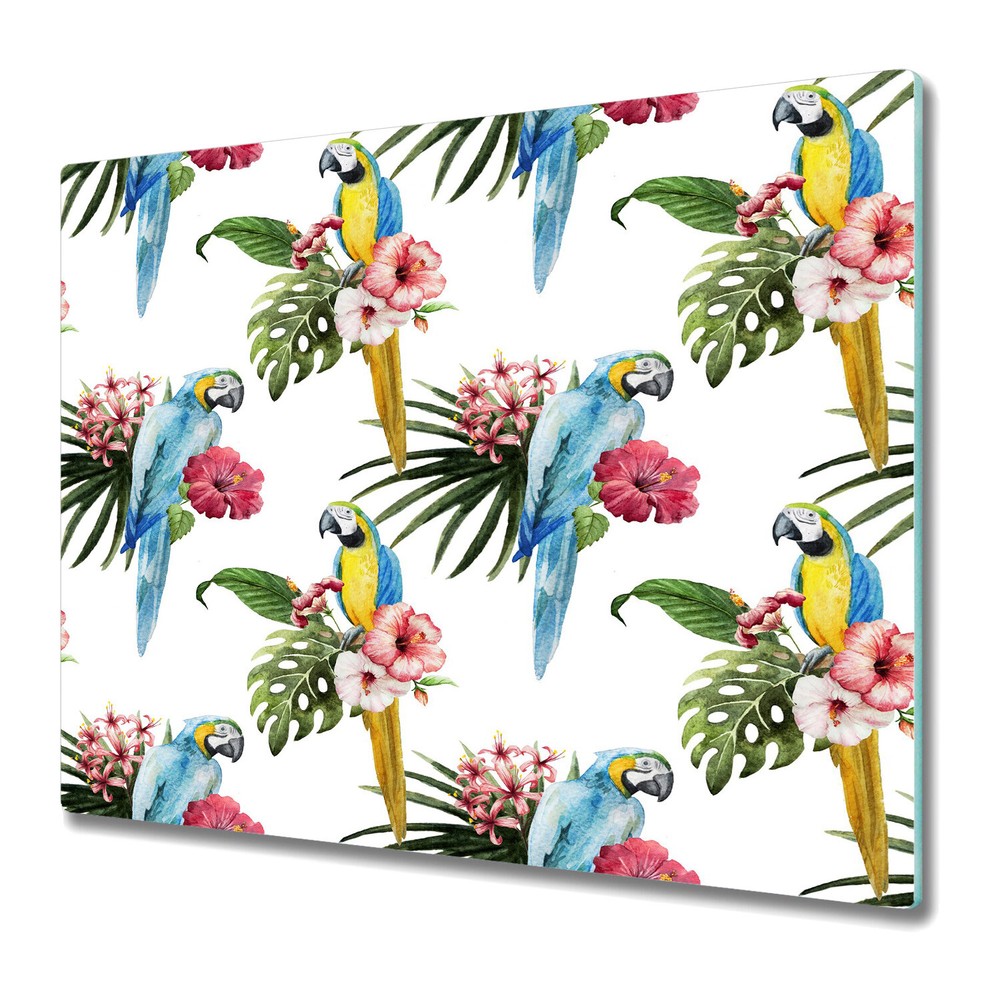Glass Induction Ceramic Hob Cover Tropical Watercolour Parrots & Flowers 60x52