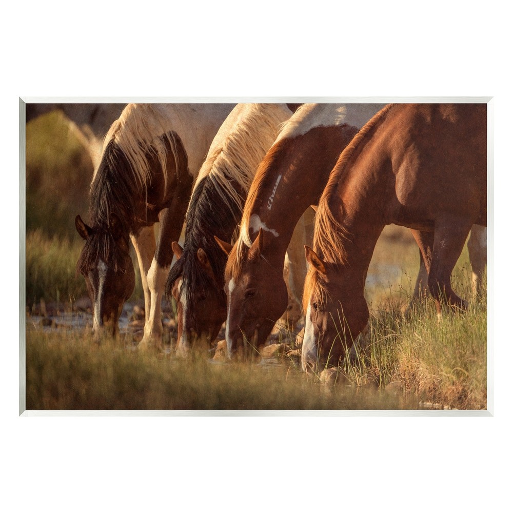 Stupell Sunlit Horses Drinking Water Wildlife Nature Scene Wood Wall Art,
