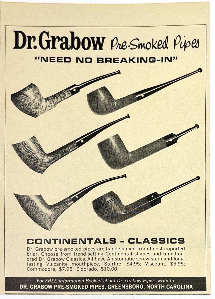 Dr Grabow Pre-Smoked Pipes Greensboro NC Vintage Print Ad 1964