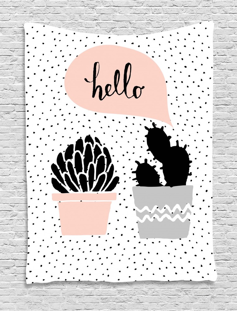 Cactus Tapestry Hand Drawn Plants Hello Print Wall Hanging Decor