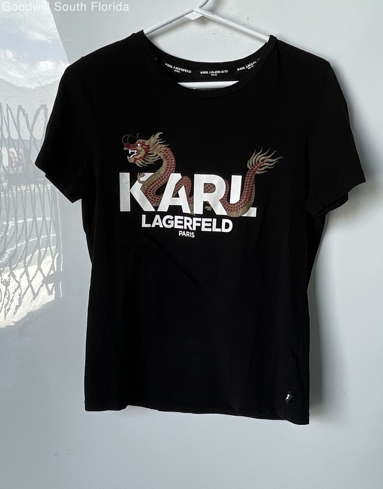 Karl Lagerfeld Paris Womens Black Graphic Print Short Sleeve T-Shirt Size Small