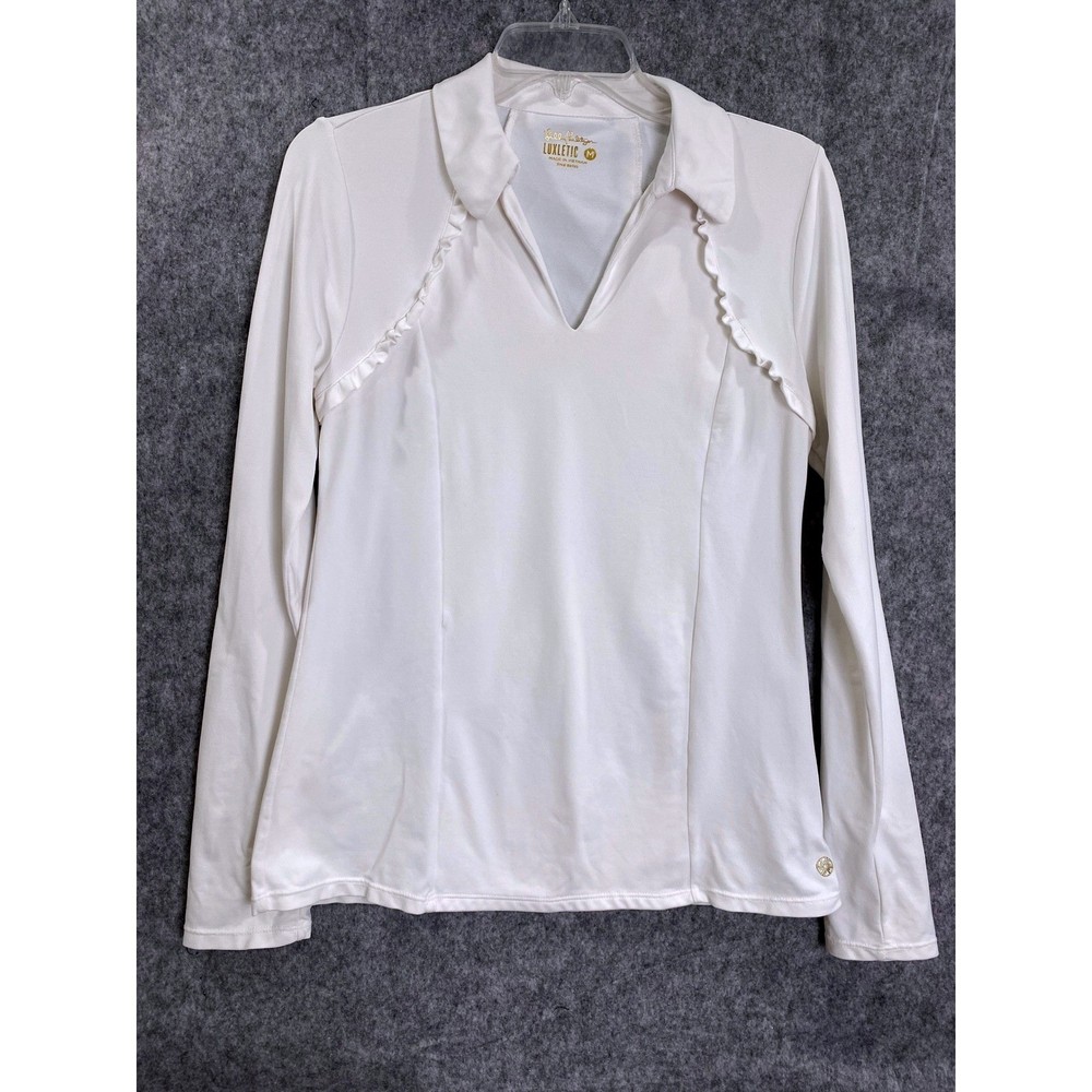 Lilly Pulitzer Luxletic White Ruffle Trim Long Sleeve Polo Golf Top Activewear