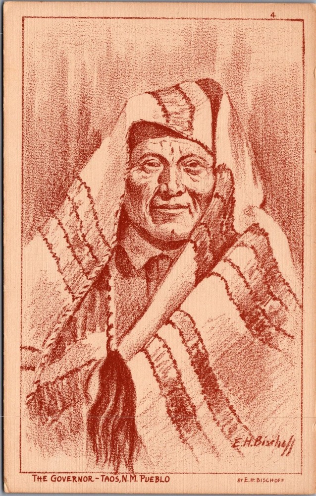 Taos Pueblo Governor E.H. Bischoff Art Postcard New Mexico Native American