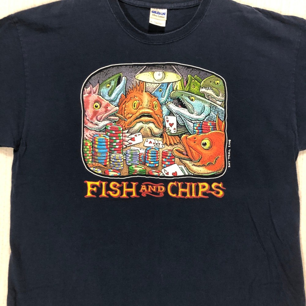 Ray Troll Fish and Chips Poker Graphic T-Shirt Mens XL Navy Blue 2008 Artist Tee