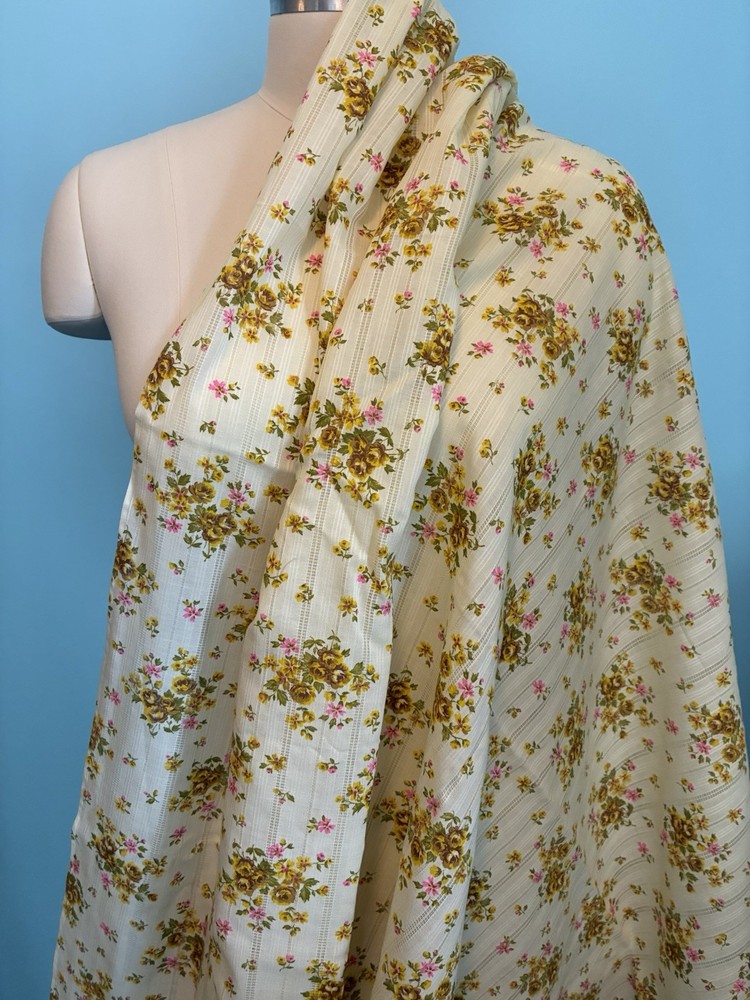 Vintage 60’s 70’s Pointelle Butter Yellow Floral Fabric