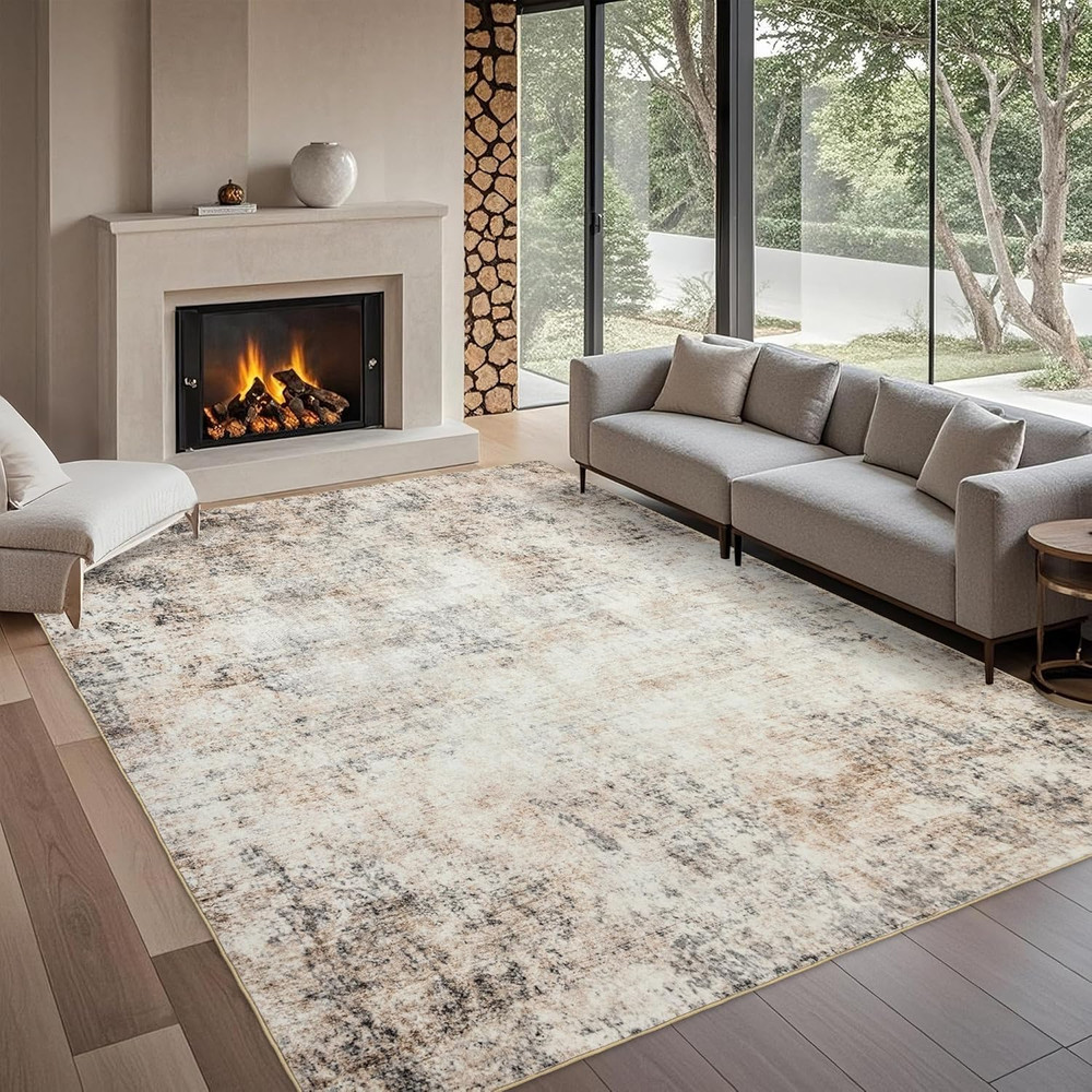 Washable Abstract Living Room Rugs: 8X10 Modern Neutral Indoor Rug for Bedroom D