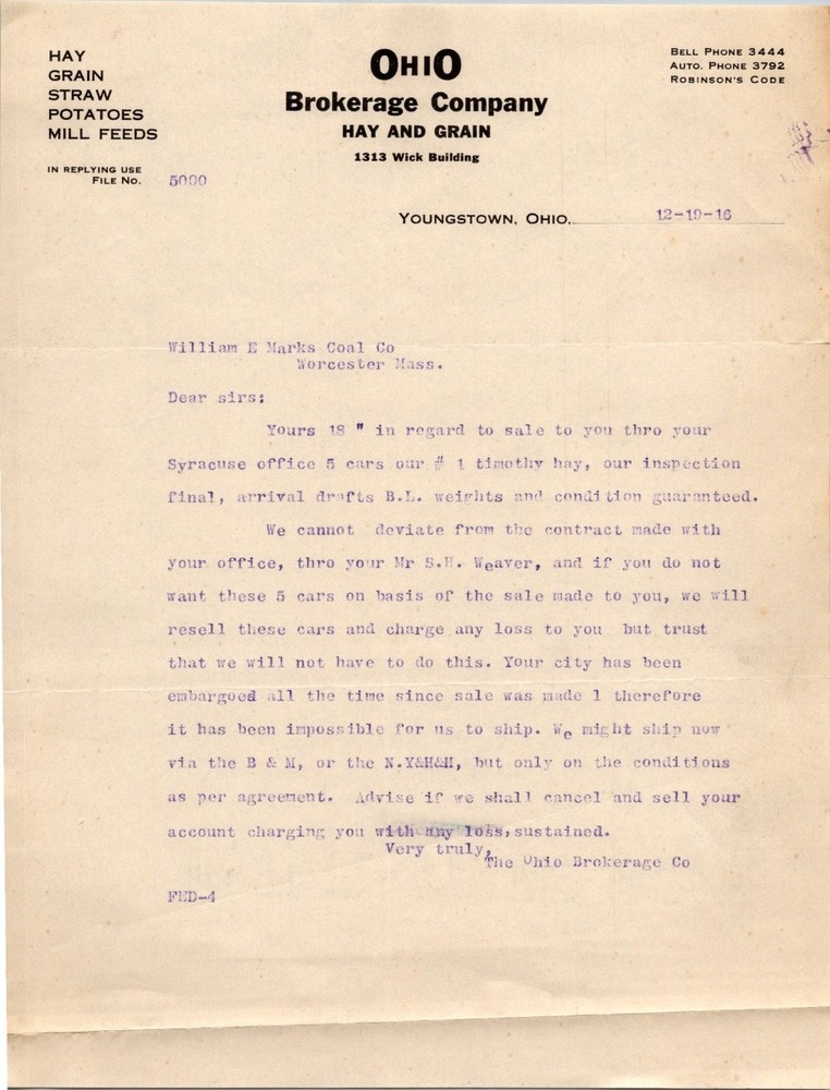 1916 Ohio Brokerage Company Letter Hay Grain Youngstown Ohio Ephemera