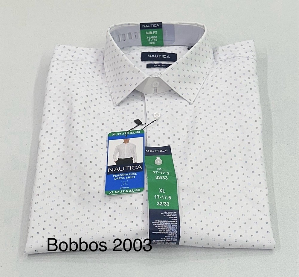Nautica Men's Performance Slim Fit Dress Shirt, White, XL (17-17.5, 32/33)