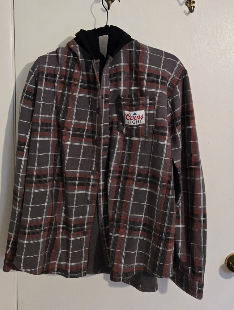 Coors Light Beer Men’s Size XL Hooded Plaid Flannel Jacket Red, Gray & Black