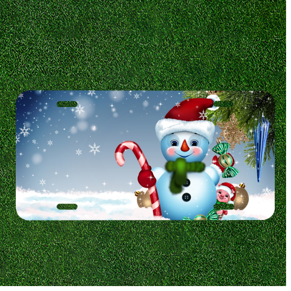 Custom Personalized License Plate Auto Tag With Snowman With Candy Cane And Pig