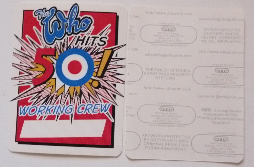 The Who Hits 50 Red Working Crew 2015 Concert Tour Backstage Pass D16