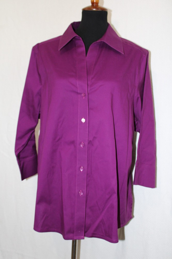 Foxcroft Sz 18W Plum Purple Non Iron Button Up Long Sleeve Shaped Tunic Shirt