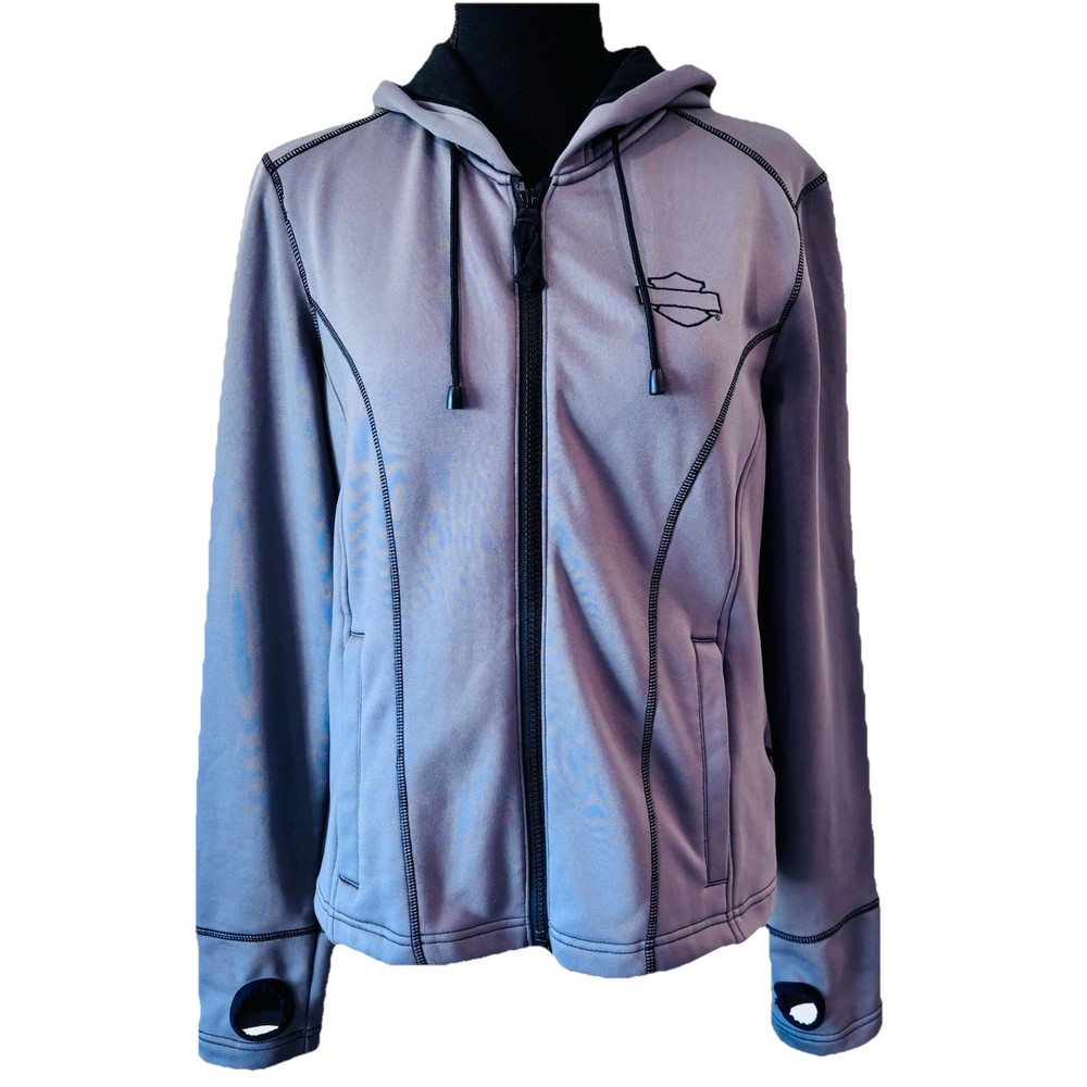 Women’s Harley-Davidson Zip Hoodie Size Medium Gray Black Stitch Thumb Holes