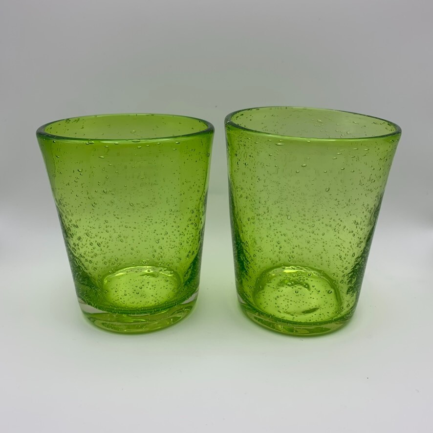 Set Of 2 Vintage Green Blown Bubble Glass Cocktail Tumblers Juice Glasses