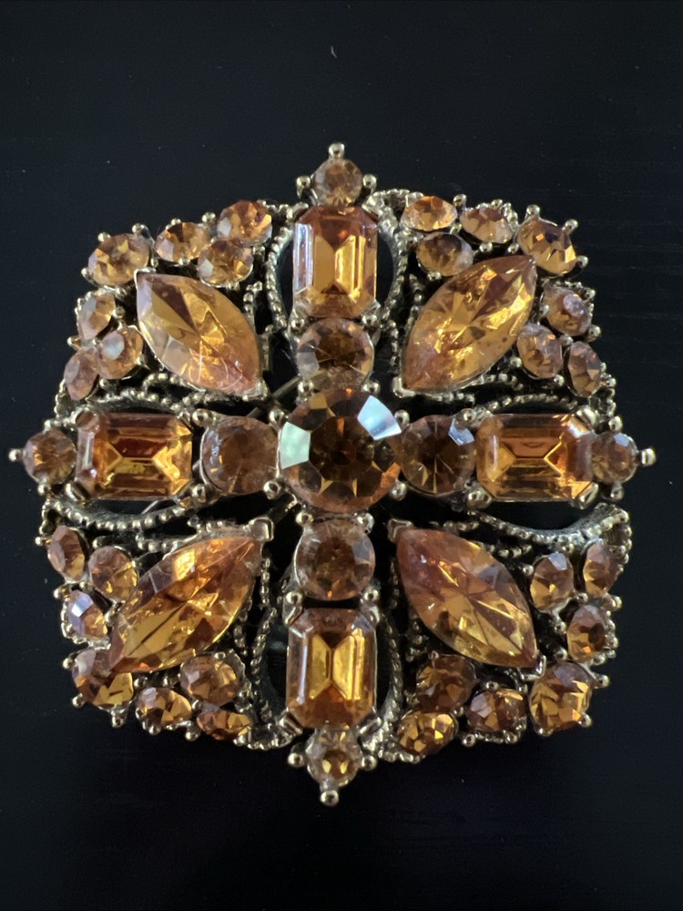 Vintage Rhinestone Brooch Golden, Honey, Amber, Topaz Color, Rounded Square Pin