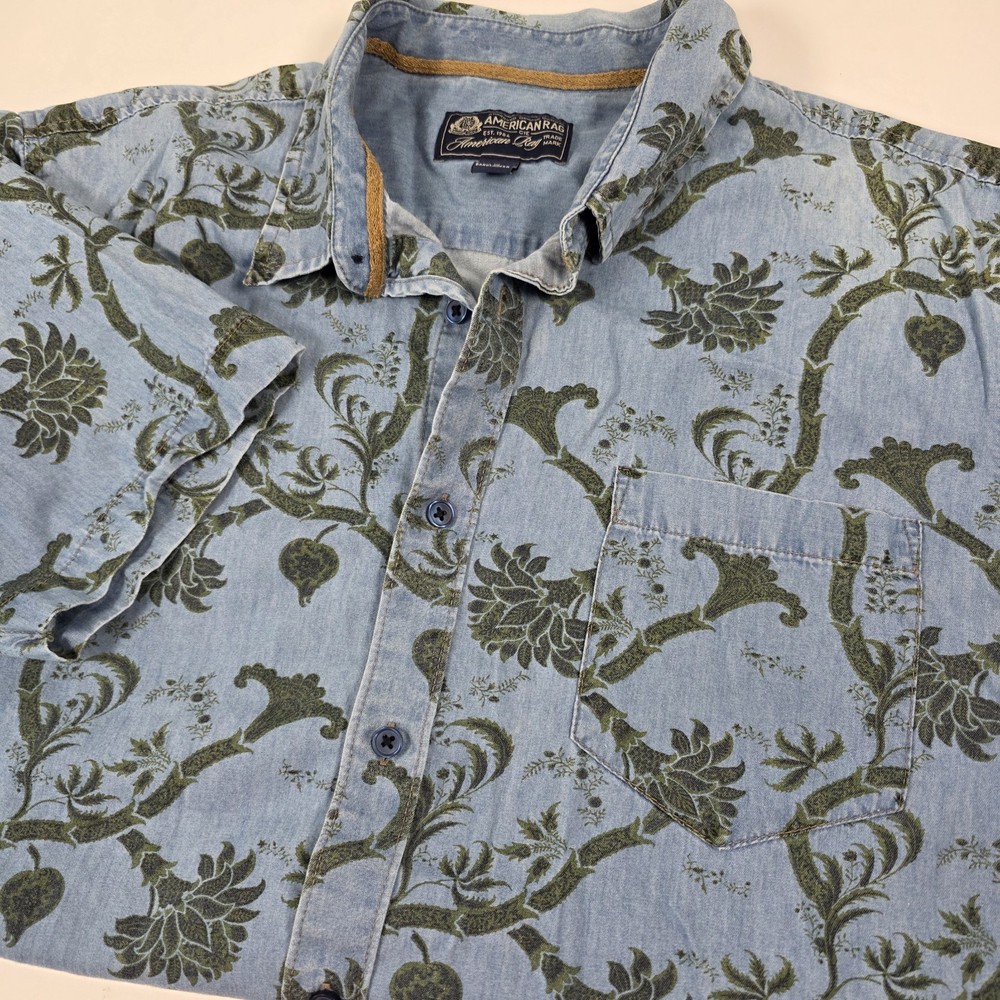 American Rag Button Up Shirt Mens Sz XL Tropical Blue Short Sleeve Floral  Print