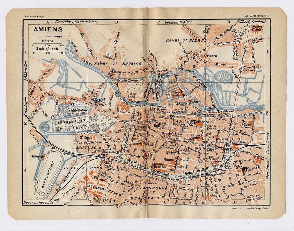 1930 Original Vintage City Map Of Amiens / Picardy Picardie / France