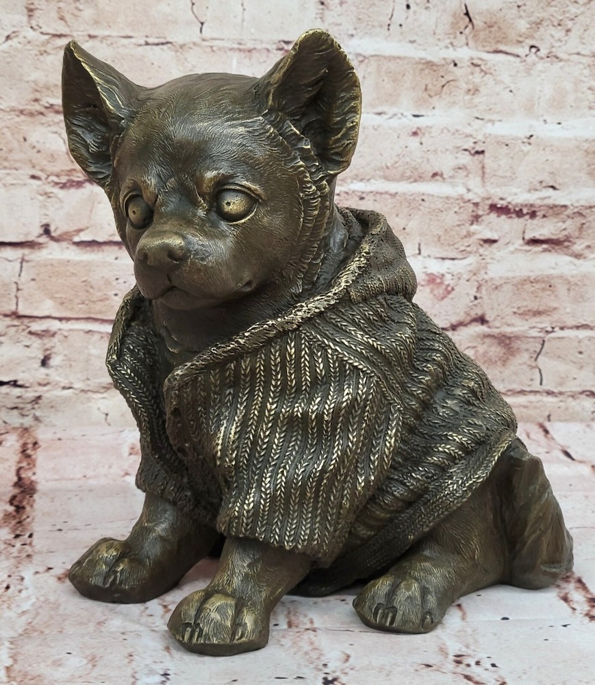 Handmade Hot Cast Bronze Chihuahua Puppy Dog Figurine Sculpture Statue Art
