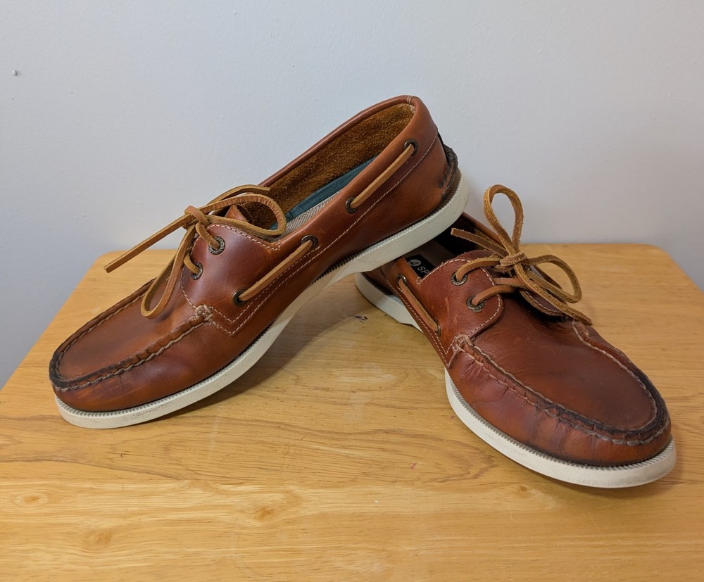 Sperry Top Sider Two Eyelet Tan Leather Boat Shoes Size US Mens 9 STS25771