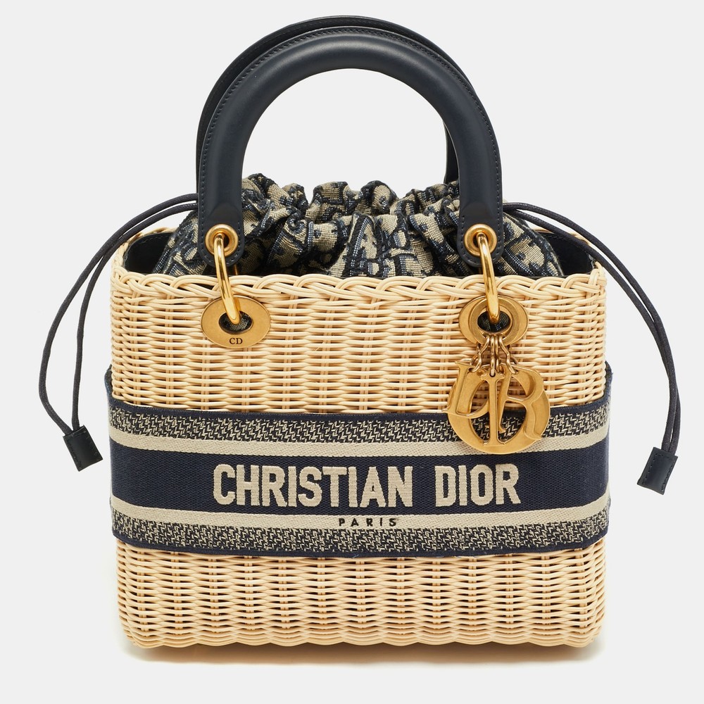 Dior Navy Blue Rattan and Canvas Medium Lady Dior Tote Bag