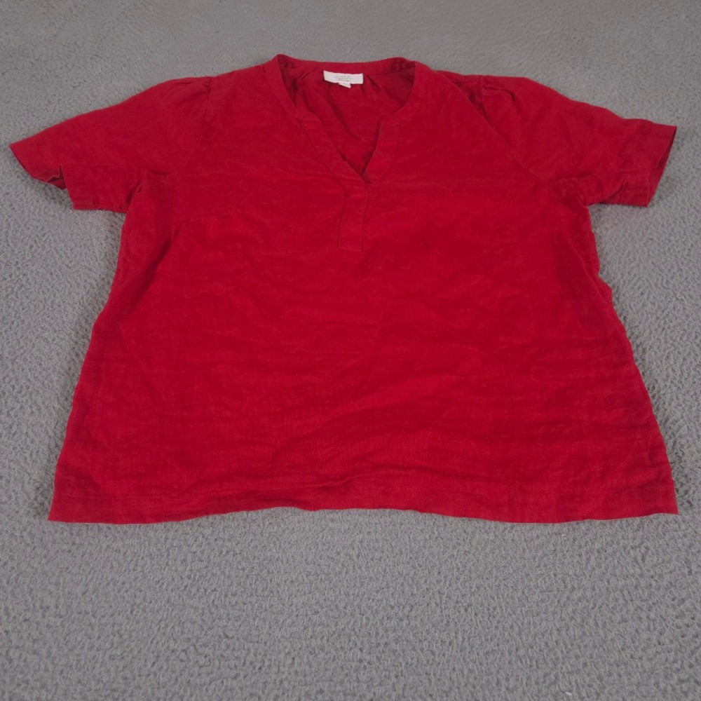 Charter Club Top Womens Large Red Luxury 100% Linen Split Neck Short Sleeve Puff