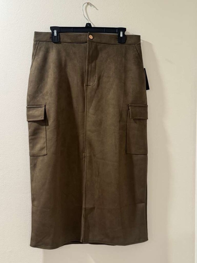 Vintage 90s Skirt Womens XL Olive Green Faux Suede Cargo Midi Stretch Slit