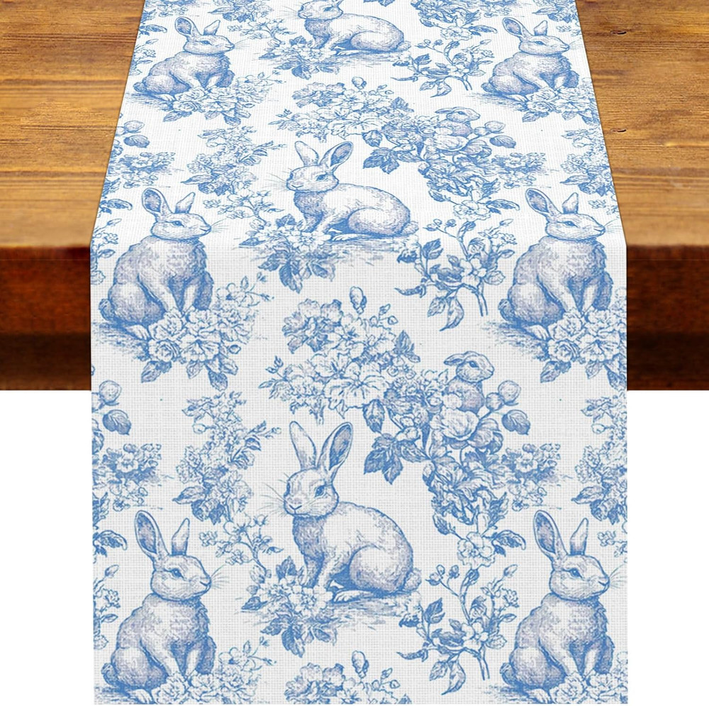 Chinoiserie Easter Table Runner Toile De Jouy Vintage and White 13