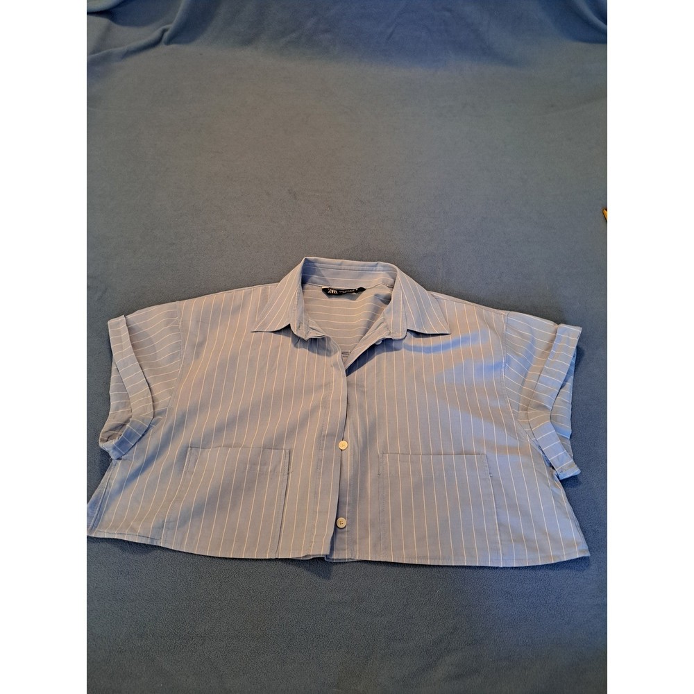 Zara Womens Blue White Pinstripe Cropped Button Down Shirt Short Sleeve Size M