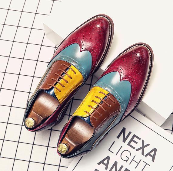 Men's Brogue Faux Leather Shoes Lace Up Wing Tip Business Color Blocks Patchwork