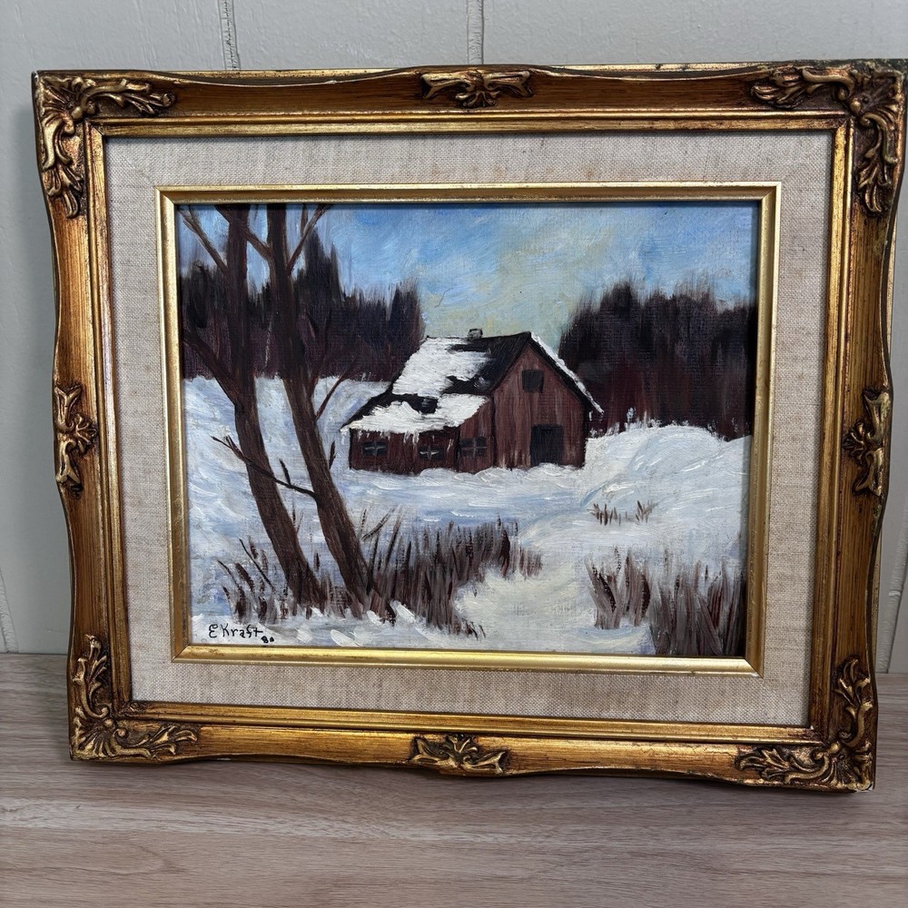 Vintage 1980 Framed Oil Painting Winter Snow Red Barn Size 13.5x12 Signed