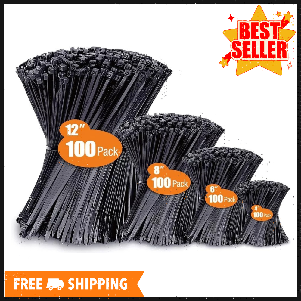Zip Ties Assorted Sizes(4”+6”+8”+12”), 400 Pack, Black Cable Ties, UV Resistant