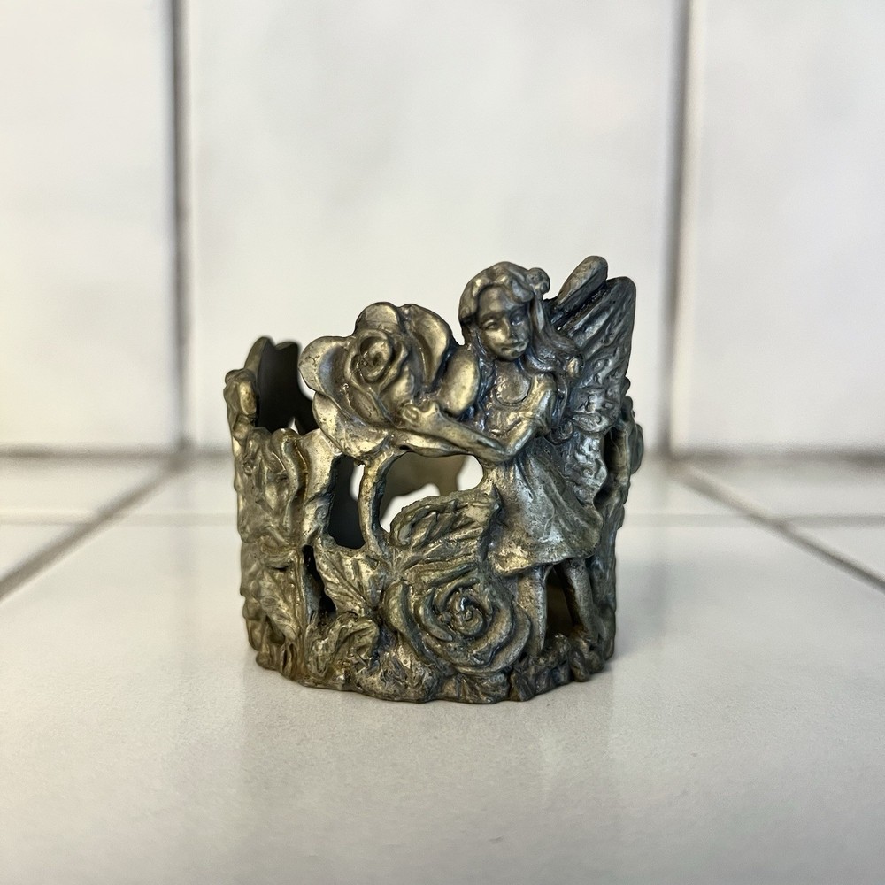 Vintage Pewter Fairy Candle Holder Whimsy Mythical Mystical Votive Tea Light 90s