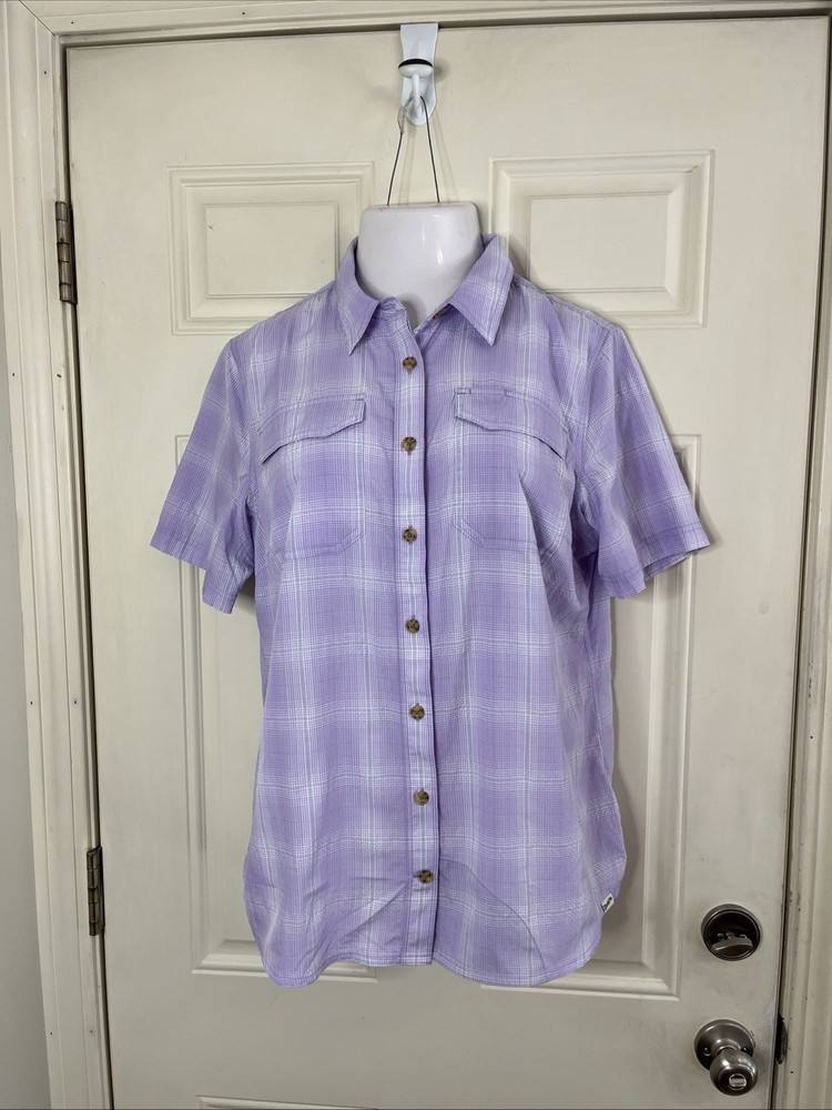 Duluth Womens Large Button-Up Plaid Short Sleeve Shirt Purple Lightweight Top