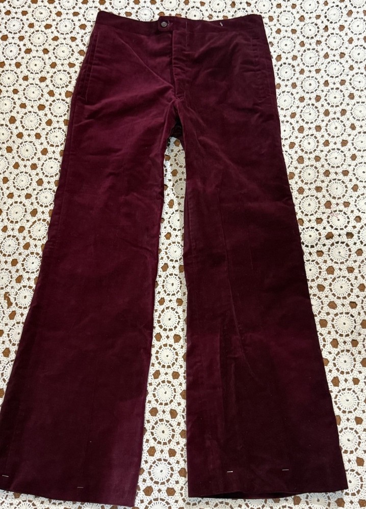 Vintage 60s 70s Burgundy Velvet Bell Bottom Flared Pants Glam Rock Hippie Unisex