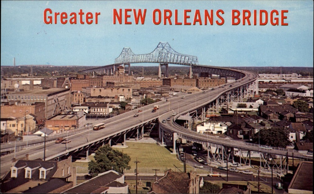 Louisiana New Orleans Bridge Mississippi River aerial ~ 1970s vintage postcard