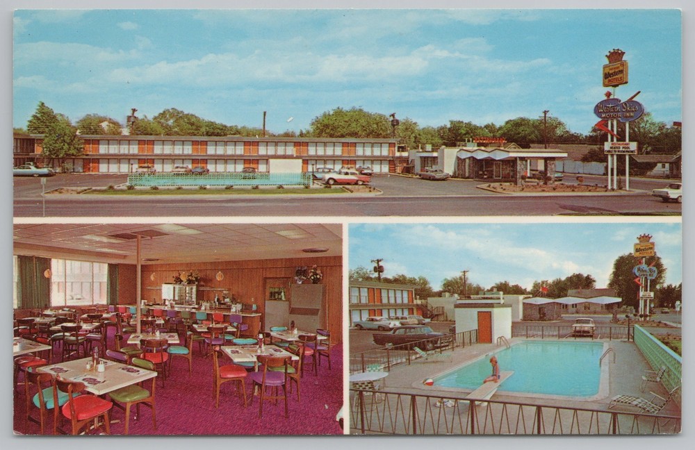 Roadside~Motel~Western Skies Inn & Restaurant Pool Composite~Dalhart TX~Vtg PC
