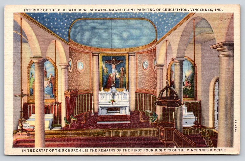 Vincennes Indiana~Old Cathedral Interior~Crucifixion Painting~Linen Postcard