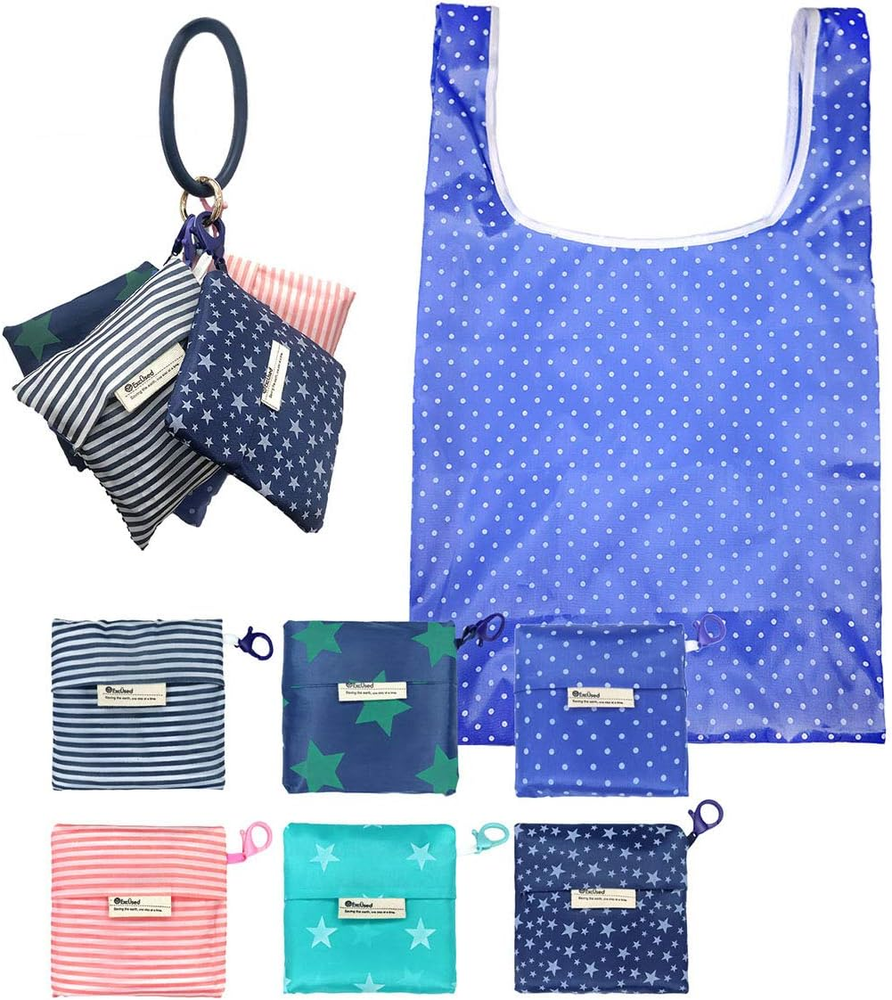 6-Pack Foldable Reusable Grocery Bags with Ring Holder - Machine Washable