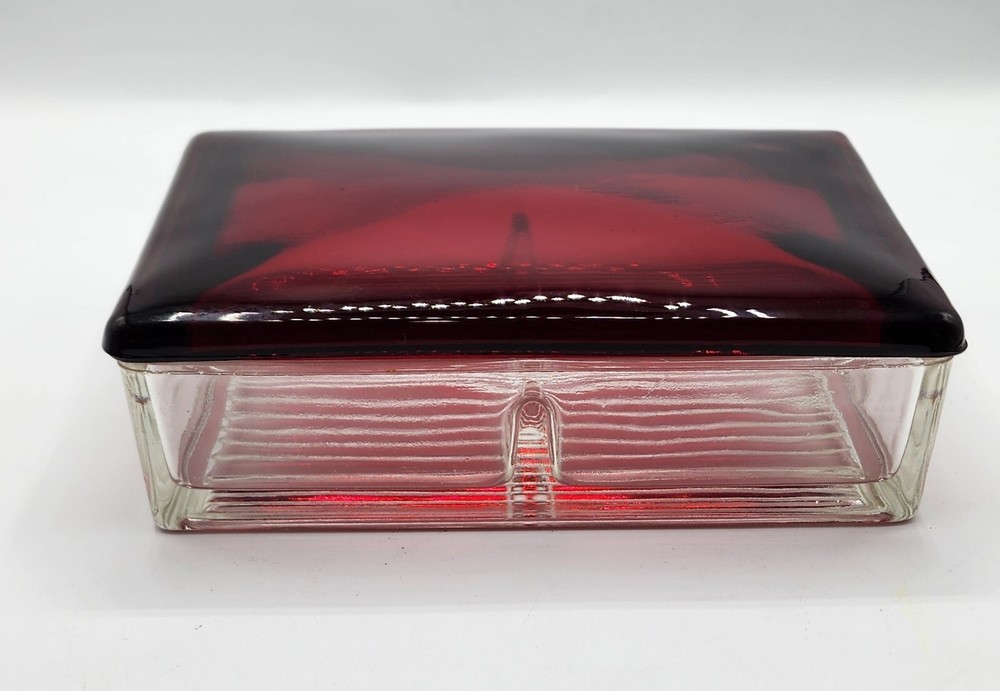 Vintage Anchor Hocking Card Cigarette Holder Lid Cranberry Ruby Red Glass