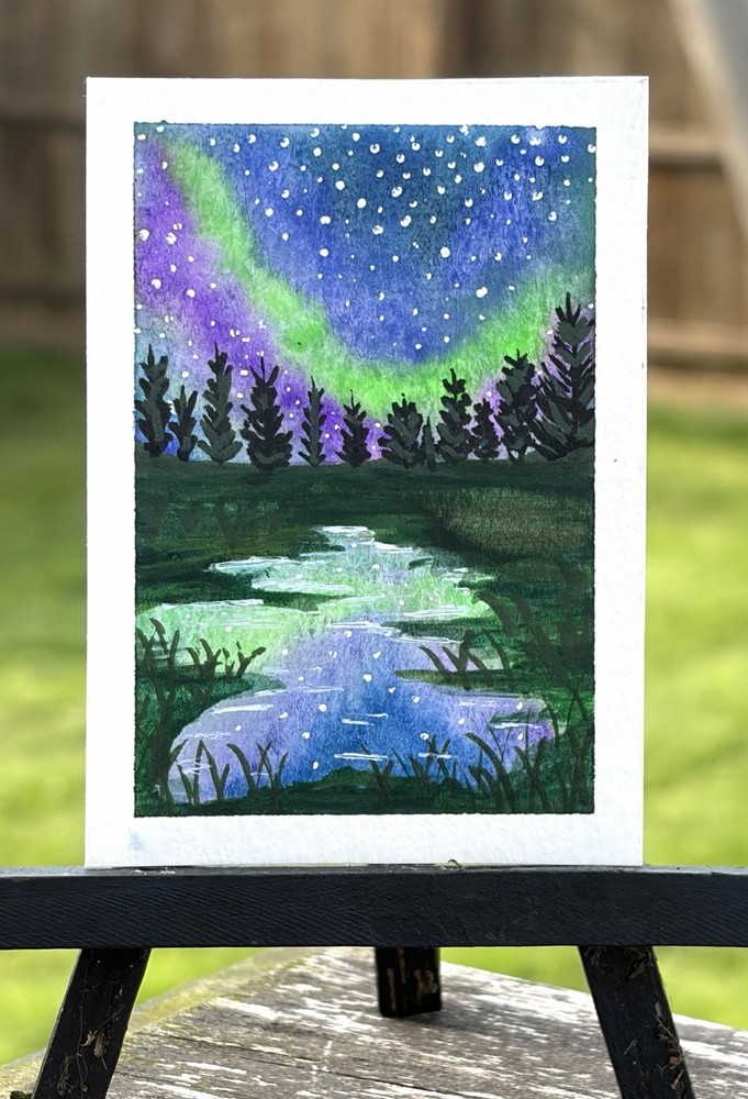 Northern Lights Pond Landscape ACEO Original Watercolor Acrylic Art Lisa LaBruno