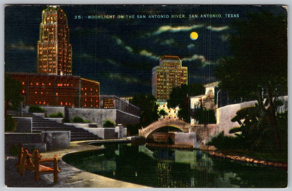 Vtg Linen Postcard Moonlight River Walk Bridge San Antonio, TX 1950s