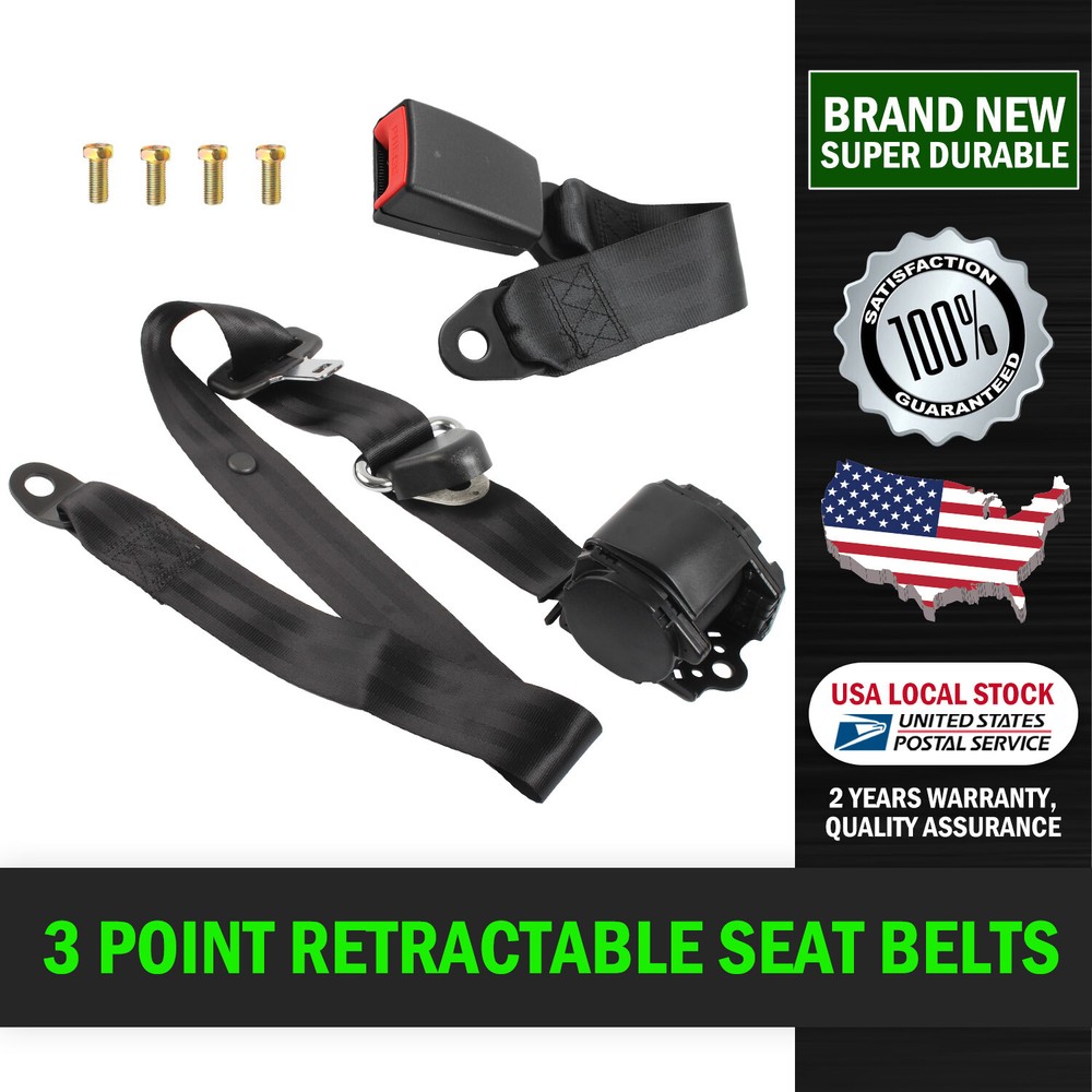 Set Of Retractable 3 Point Safety Seat Belt Car Auto Adjustable Belt Kit Black