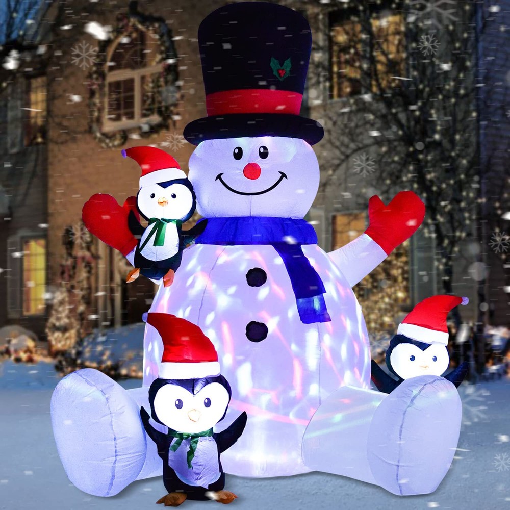 7ft Inflatable Christmas Snowman with Penguins, Rotating 7 Color Changing Led...