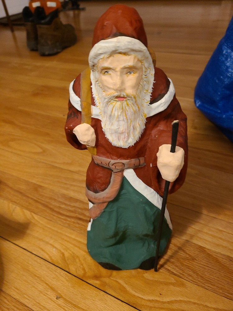 Vintage Paper Mache Santa With Bag and Walking Stick 12