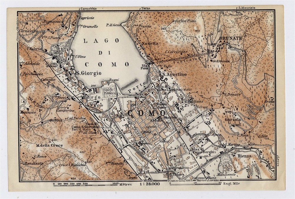 1913 Original Antique Map Of Vicinity Of City Of Como Lake Como Lombardy / Italy