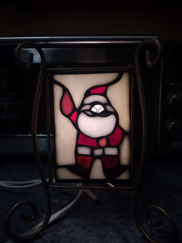 Vintage Santa Claus Stained Glass & Scrolled Iron Accent Lamp Christmas Decor-image