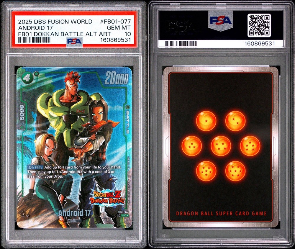 Dragon Ball Fusion World FB01-077 Android 17 UC* Alternate Alt Art PSA 10 Dokkan