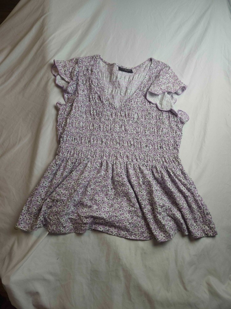 Lane Bryant Blouse Top Women 18/20 Purple Floral Babydoll Smocked Flutter Sleeve