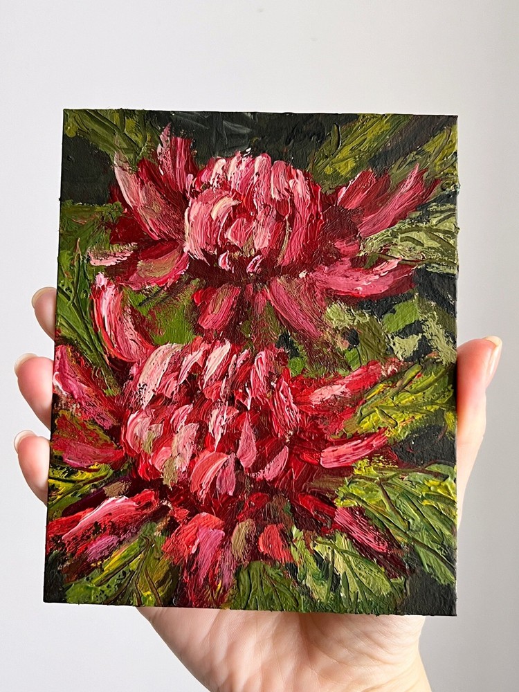 Original Floral Garden Oil Painting Miniature Wall Art with Red Flowers
